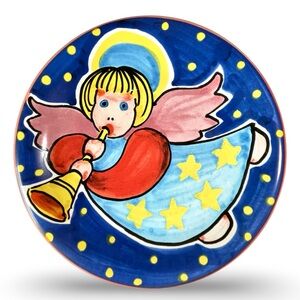 Christmas Ceramic Angel Plate Trumpet & Stars Made In Italy 10 inch